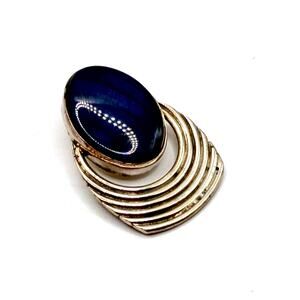 Vintage 90s Blue Tiger Eye Stamped Sterling Silver Modernist Crescent Pendant